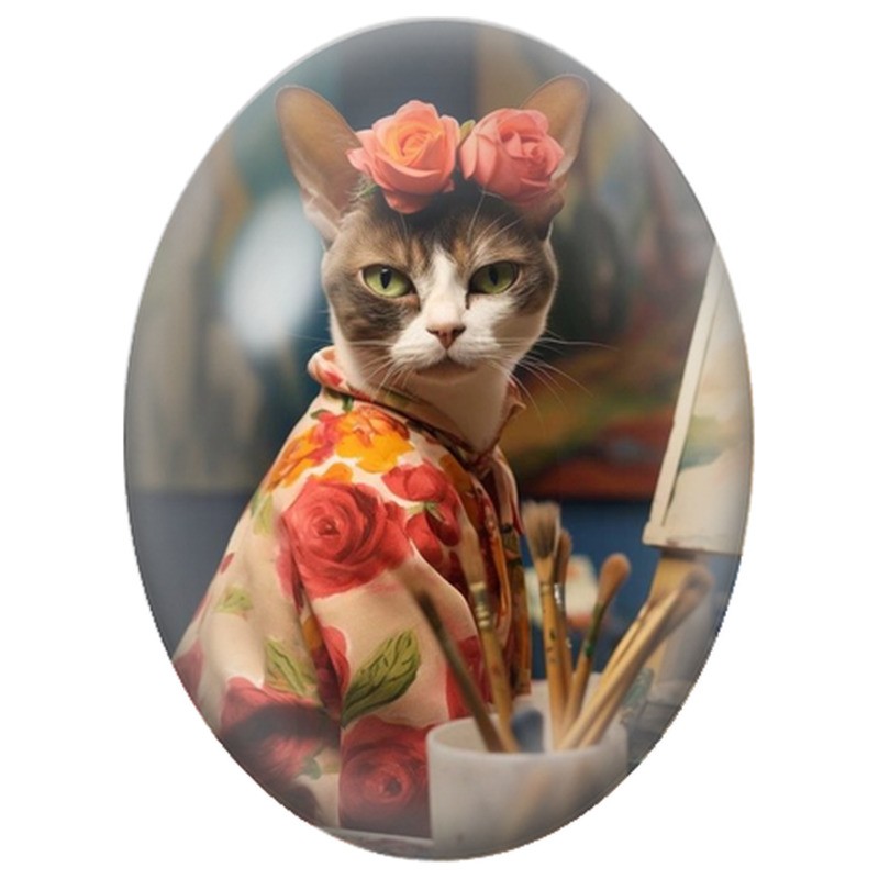 Cabochon en Verre Illustré Chat Artiste aux Roses 13x18, 18x25 ou 30x40mm