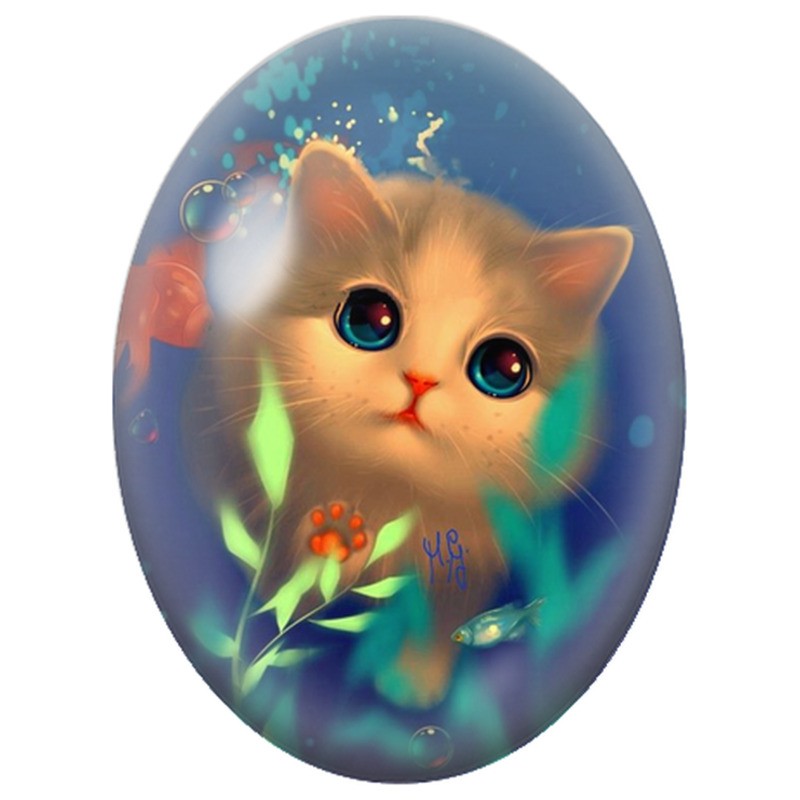 Cabochon en Verre Illustré Chaton Blanc dans un Monde Sous-Marin 13x18, 18x25 ou 30x40mm