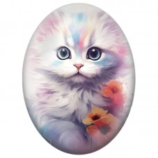 Cabochon en Verre Illustré Chat Blanc aux Fleurs Corail 13x18, 18x25 ou 30x40mm pour la Création de Bijoux Fantaisie - DIY