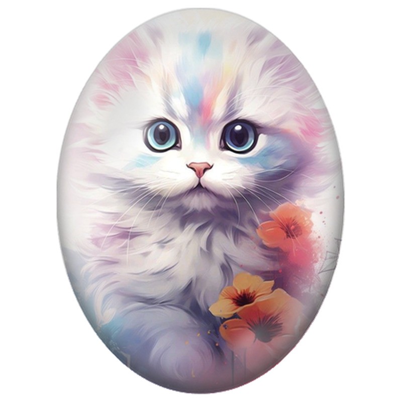 Cabochon en Verre Illustré Chat Blanc aux Fleurs Corail 13x18, 18x25 ou 30x40mm