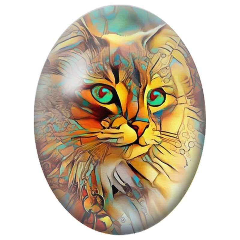Cabochon en Verre Illustré Chat aux Motifs Turquoise et Dorés 13x18, 18x25 ou 30x40mm