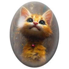 Cabochon en Verre Illustré Chaton Roux au Grelot Rouge 13x18, 18x25 ou 30x40mm pour la Création de Bijoux Fantaisie - DIY