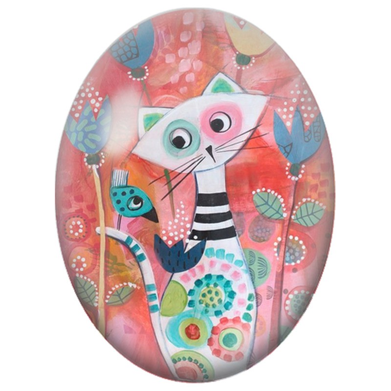 Cabochon en Verre Illustré Chat Blanc et Oiseau Bleu dans un Jardin Rouge 13x18, 18x25 ou 30x40mm