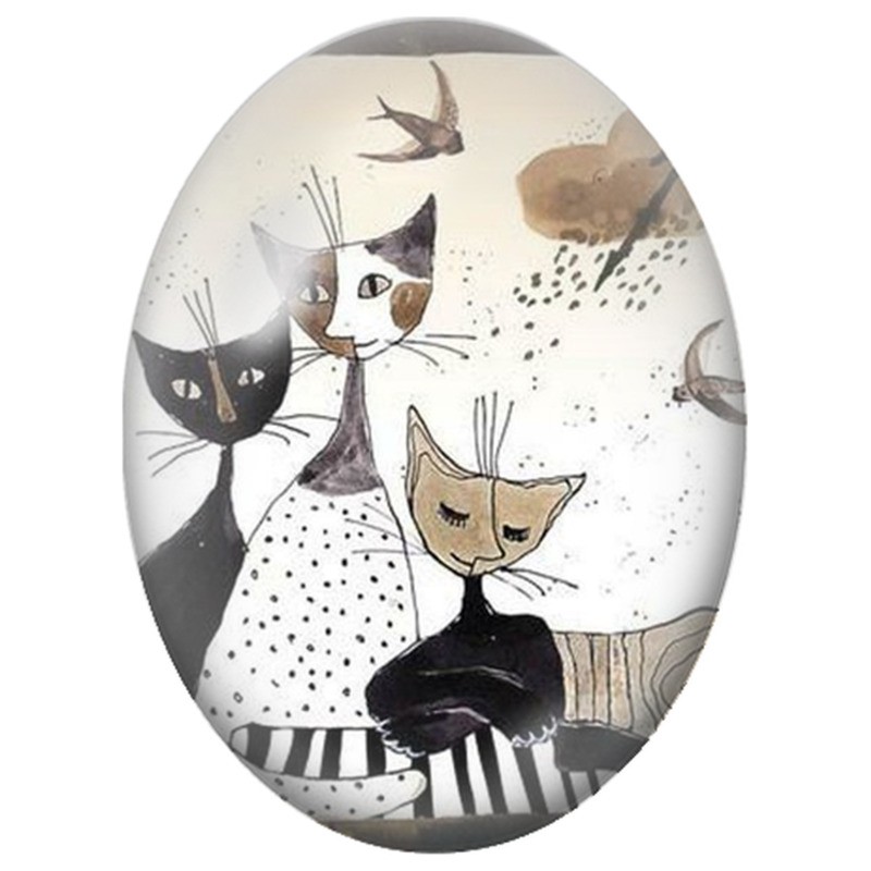 Cabochon en Verre Illustré Trois Chats et Hirondelles 13x18, 18x25 ou 30x40mm