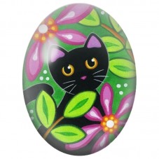 Cabochon en Verre Illustré Chat Noir parmi les Fleurs Roses 13x18, 18x25 ou 30x40mm pour la Création de Bijoux Fantaisie - DIY