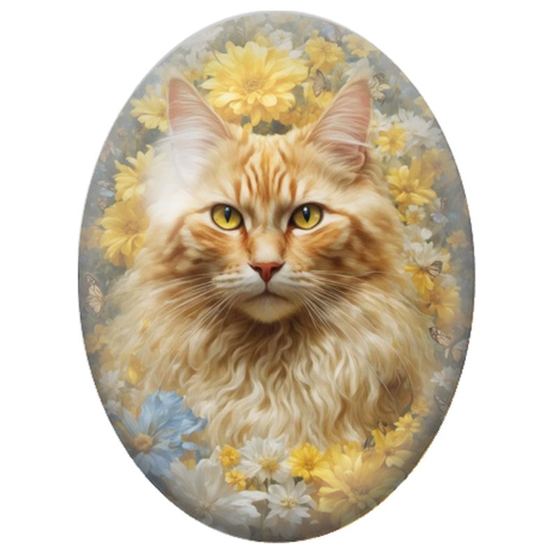 Cabochon en Verre Illustré Chat Roux parmi les Fleurs Jaunes 13x18, 18x25 ou 30x40mm
