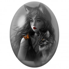 Cabochon en Verre Illustré Femme-Chat avec un Chat Noir 13x18, 18x25 ou 30x40mm pour la Création de Bijoux Fantaisie - DIY