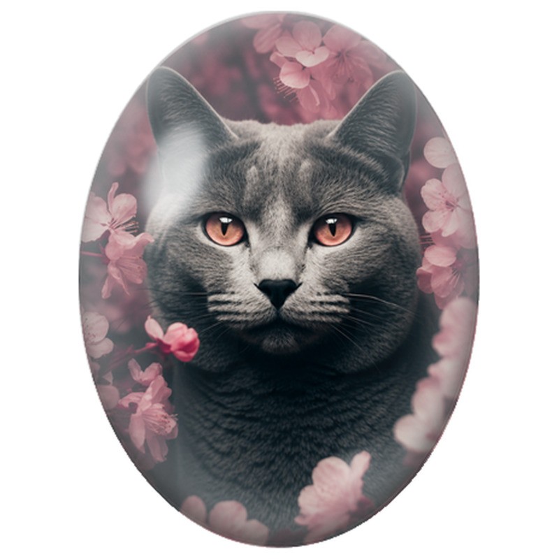 Cabochon en Verre Illustré Chat Gris parmi les Fleurs Roses 13x18, 18x25 ou 30x40mm