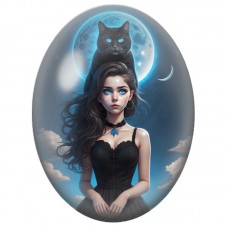 Cabochon en Verre Illustré Femme Gothique sous la Lune avec un Chat Noir 13x18, 18x25 ou 30x40mm pour la Création de Bijoux Fant