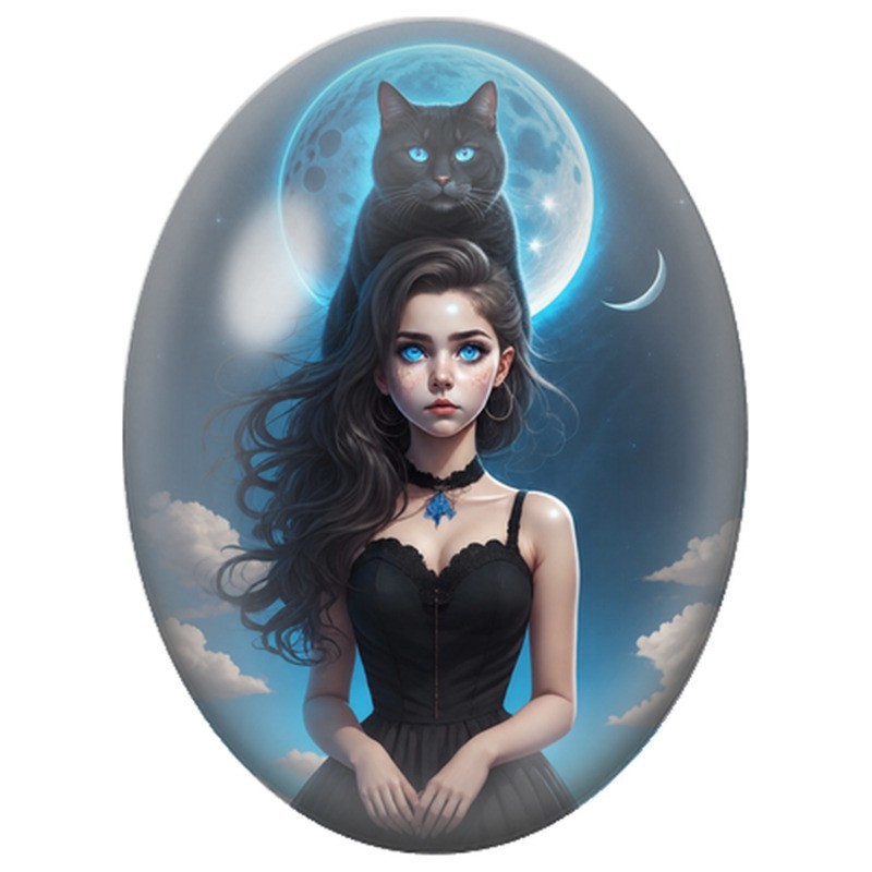 Cabochon en Verre Illustré Femme Gothique sous la Lune avec un Chat Noir 13x18, 18x25 ou 30x40mm