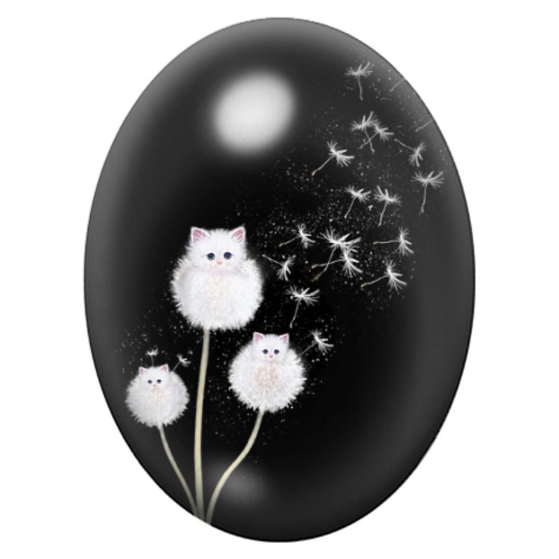 Cabochon en Verre Illustré Chatons Pissenlits sur Fond Noir 13x18, 18x25 ou 30x40mm