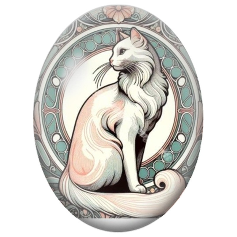 Cabochon en Verre Illustré Chat Blanc Art Nouveau 13x18, 18x25 ou 30x40mm