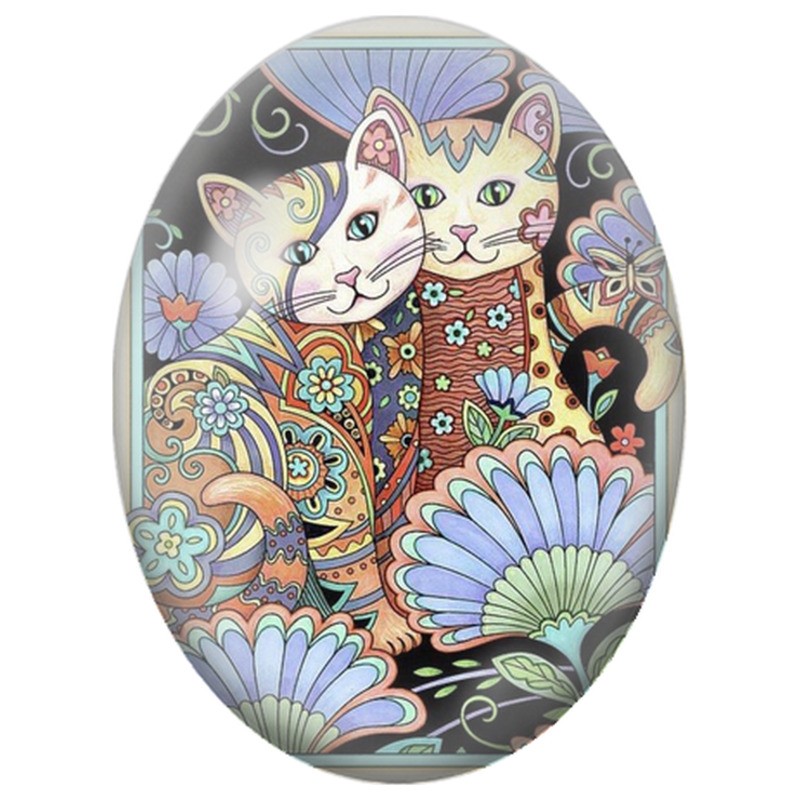 Cabochon en Verre Illustré Deux Chats aux Motifs Floraux 13x18, 18x25 ou 30x40mm