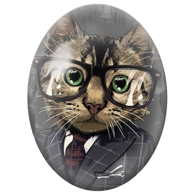 Cabochon en Verre Illustré Chat Tigré à Lunettes en Costume 13x18, 18x25 ou 30x40mm