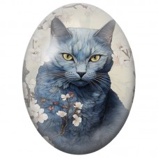 Cabochon en Verre Illustré Chat Bleu parmi les Fleurs Blanches 13x18, 18x25 ou 30x40mm pour la Création de Bijoux Fantaisie - DI