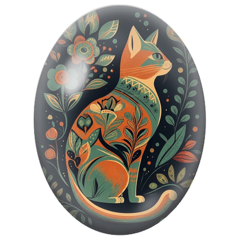 Cabochon en Verre Illustré Chat Folk Orange et Vert 13x18, 18x25 ou 30x40mm