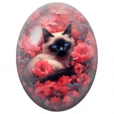 Cabochon en Verre Illustré Chat Siamois parmi les Fleurs Corail 13x18, 18x25 ou 30x40mm pour la Création de Bijoux Fantaisie - D