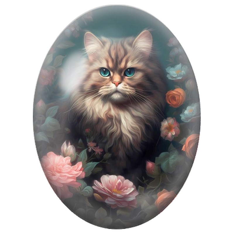 Cabochon en Verre Illustré Chat à Poils Longs dans un Jardin Sombre 13x18, 18x25 ou 30x40mm