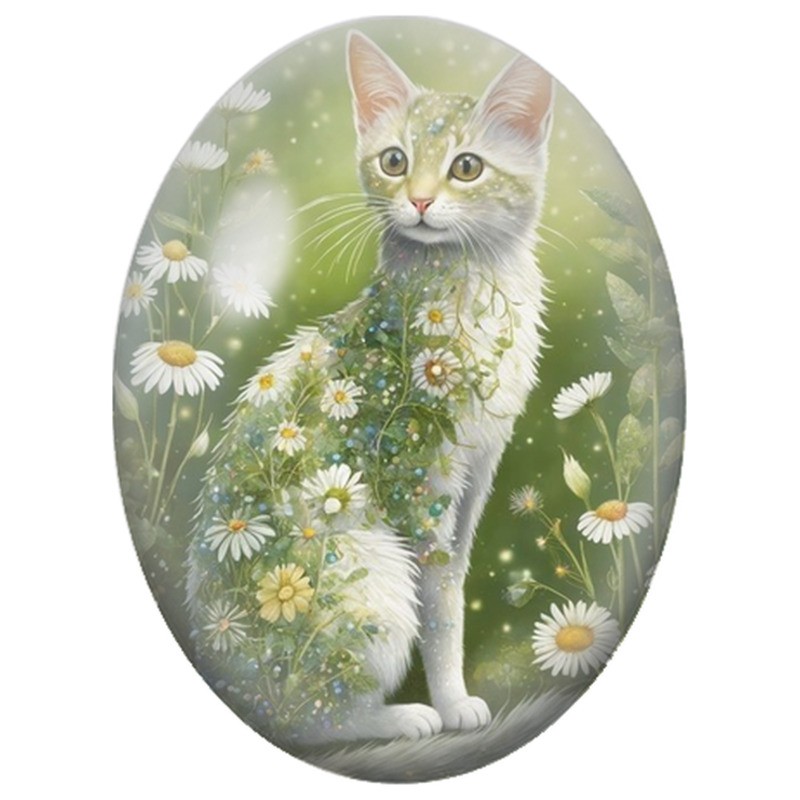 Cabochon en Verre Illustré Chat Blanc aux Marguerites 13x18, 18x25 ou 30x40mm