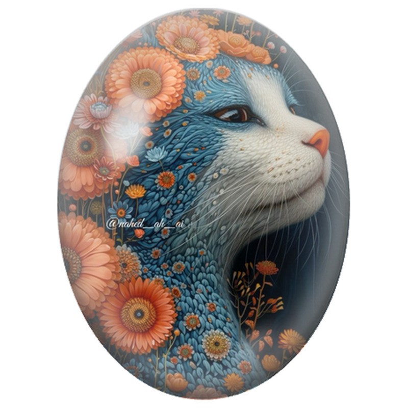 Cabochon en Verre Illustré Chat Bleu aux Fleurs Orange 13x18, 18x25 ou 30x40mm