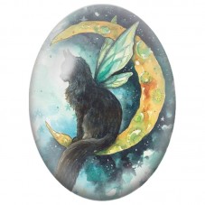 Cabochon en Verre Illustré Chat Noir Ailé sur un Croissant de Lune 13x18, 18x25 ou 30x40mm pour la Création de Bijoux Fantaisie 