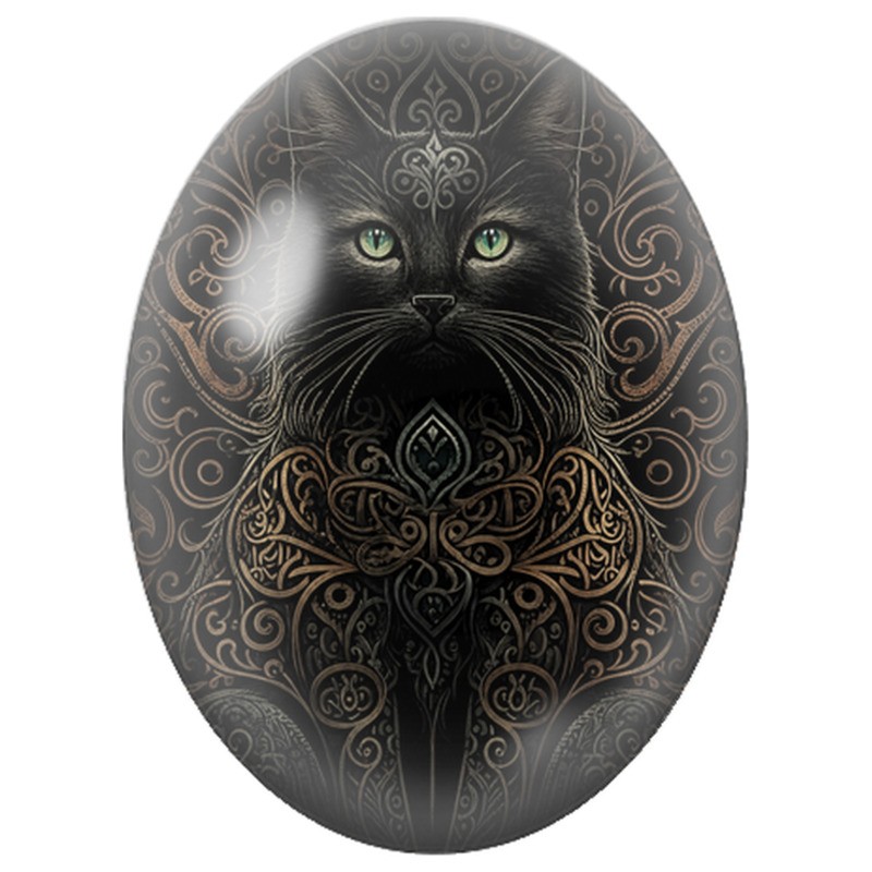 Cabochon en Verre Illustré Chat Noir aux Arabesques Dorées 13x18, 18x25 ou 30x40mm