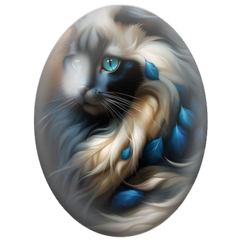 Cabochon en Verre Illustré Chat Noir et Crème aux Feuilles Bleues 13x18, 18x25 ou 30x40mm