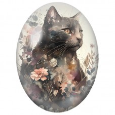 Cabochon en Verre Illustré Chat Gris à l’Aquarelle Fleurie 13x18, 18x25 ou 30x40mm pour la Création de Bijoux Fantaisie - DIY