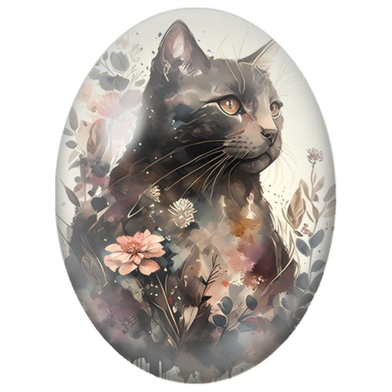 Cabochon en Verre Illustré Chat Gris à l’Aquarelle Fleurie 13x18, 18x25 ou 30x40mm