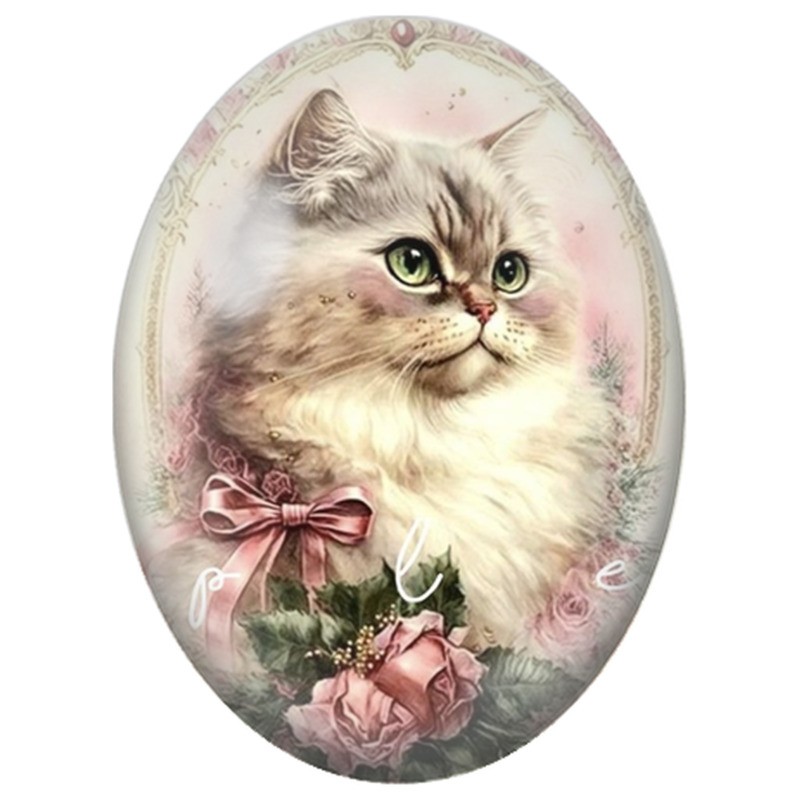 Cabochon en Verre Illustré Chat Gris aux Roses Vintage 13x18, 18x25 ou 30x40mm