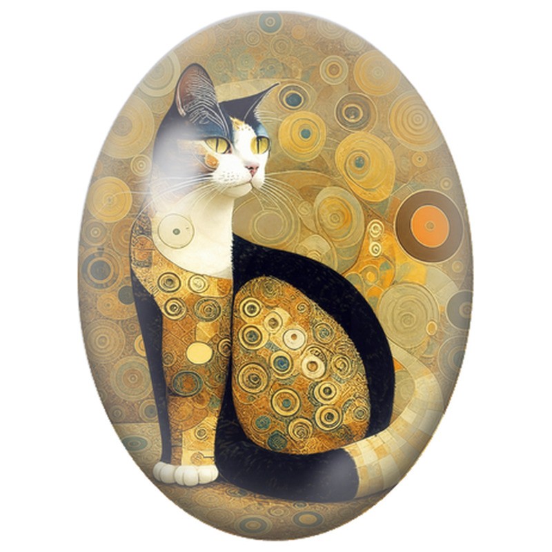 Cabochon en Verre Illustré Chat Noir et Blanc aux Cercles Dorés 13x18, 18x25 ou 30x40mm