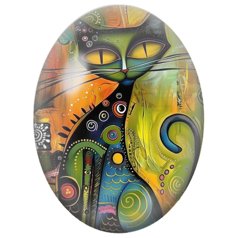 Cabochon en Verre Illustré Chat Noir Graphique aux Yeux Jaunes 13x18, 18x25 ou 30x40mm