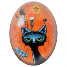 Cabochon en Verre Illustré Chat Bleu et Rêveur sur Fond Orange 13x18, 18x25 ou 30x40mm pour la Création de Bijoux Fantaisie - DI