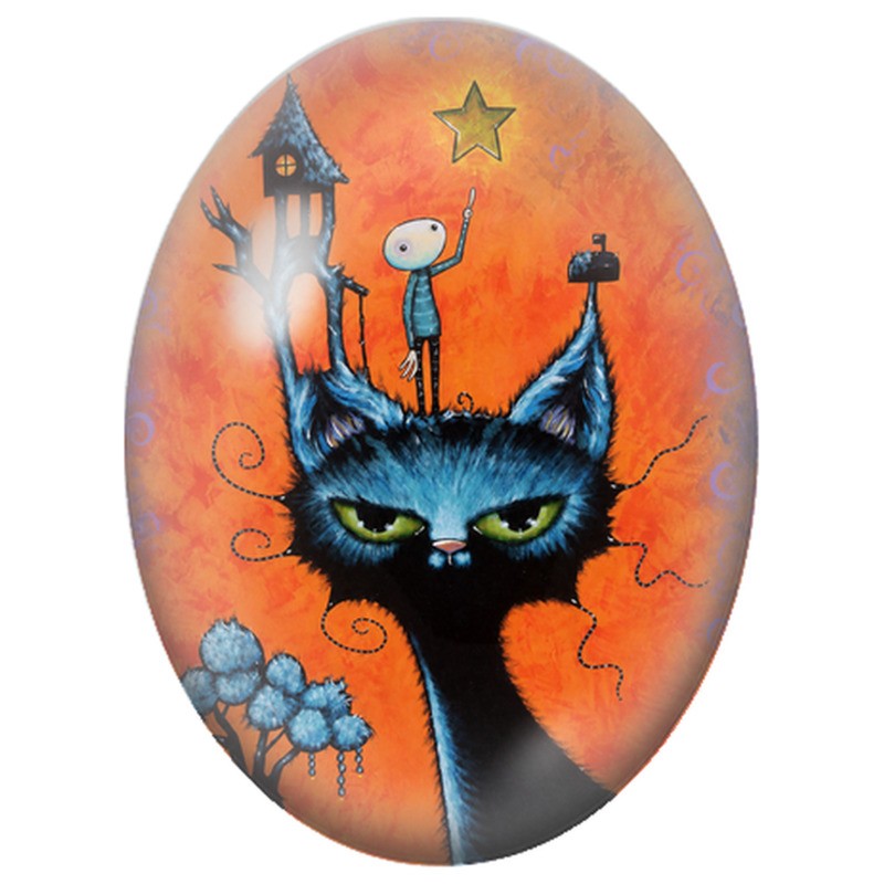 Cabochon en Verre Illustré Chat Bleu et Rêveur sur Fond Orange 13x18, 18x25 ou 30x40mm