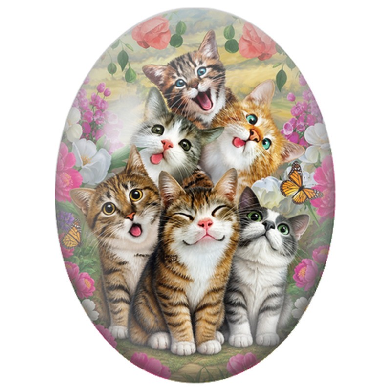 Cabochon en Verre Illustré Six Chatons dans un Jardin Fleuri 13x18, 18x25 ou 30x40mm
