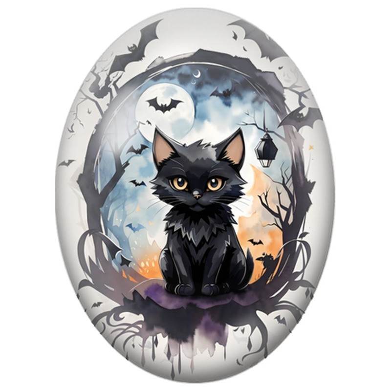 Cabochon en Verre Illustré Chat Noir sous la Pleine Lune et les Chauves-Souris 13x18, 18x25 ou 30x40mm