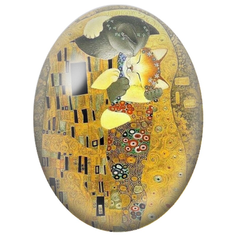 Cabochon en Verre Illustré Deux Chats dans une Étreinte Dorée 13x18, 18x25 ou 30x40mm