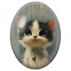 Cabochon en Verre Illustré Chaton Noir et Blanc au Grelot 13x18, 18x25 ou 30x40mm pour la Création de Bijoux Fantaisie - DIY