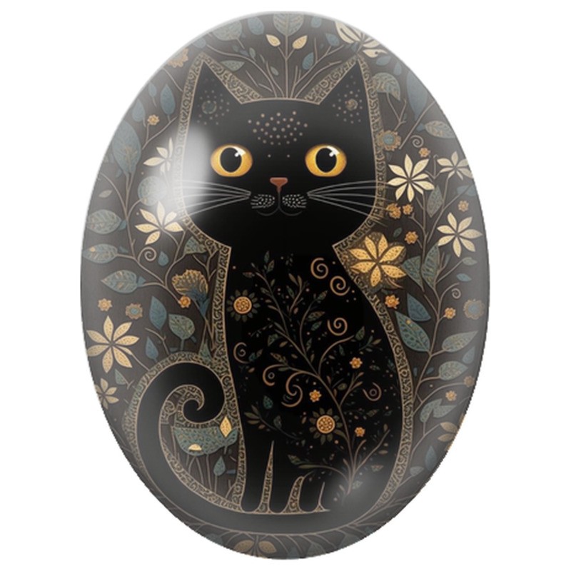 Cabochon en Verre Illustré Chat Noir aux Motifs Floraux Dorés 13x18, 18x25 ou 30x40mm