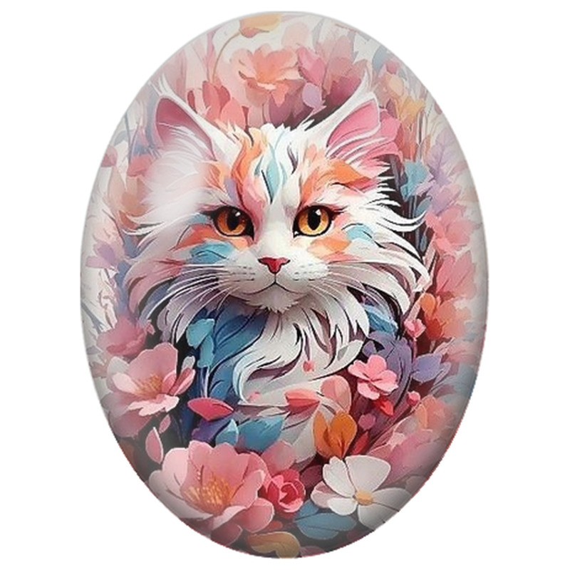 Cabochon en Verre Illustré Chat Blanc parmi les Fleurs Pastel 13x18, 18x25 ou 30x40mm