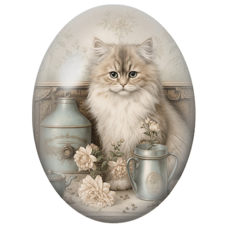 Cabochon en Verre Illustré Chat à Poils Longs dans un Décor Vintage 13x18, 18x25 ou 30x40mm
