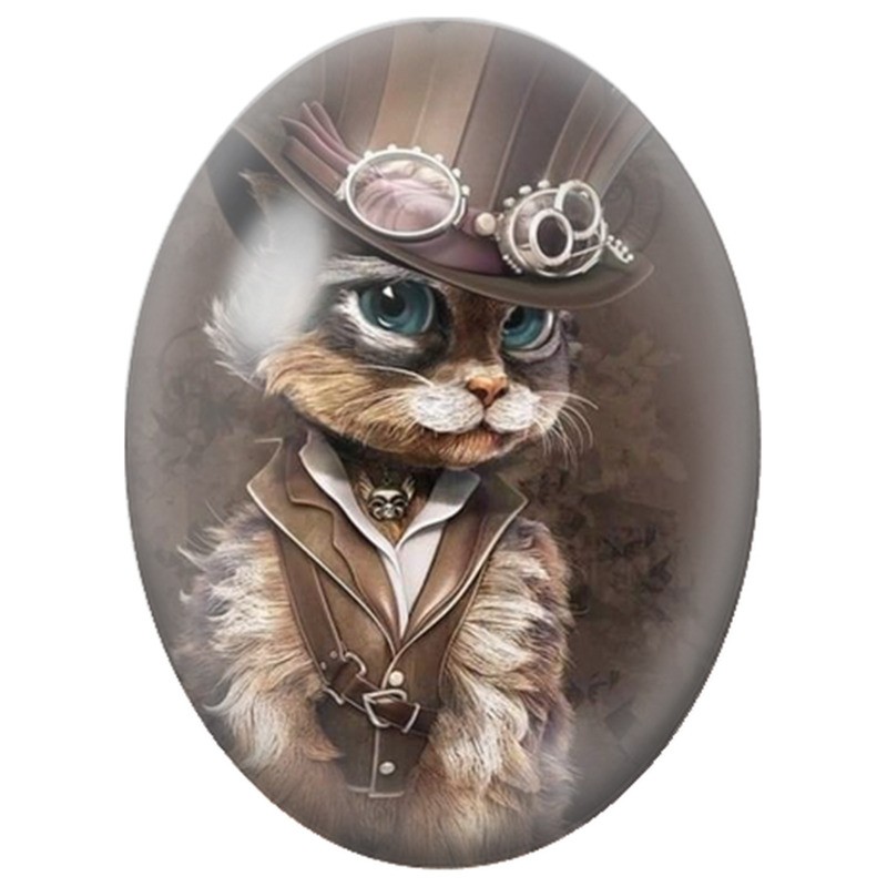 Cabochon en Verre Illustré Chat Steampunk au Chapeau à Lunettes 13x18, 18x25 ou 30x40mm