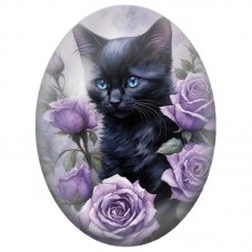 Cabochon en Verre Illustré Chat Noir parmi les Roses Violettes 13x18, 18x25 ou 30x40mm pour la Création de Bijoux Fantaisie - DI