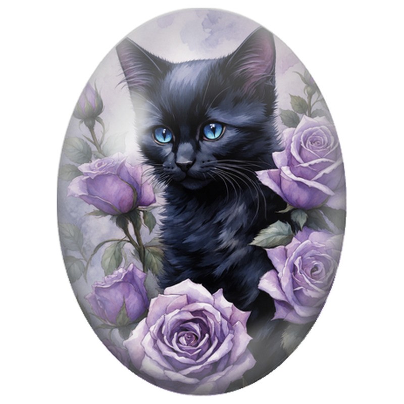 Cabochon en Verre Illustré Chat Noir parmi les Roses Violettes 13x18, 18x25 ou 30x40mm
