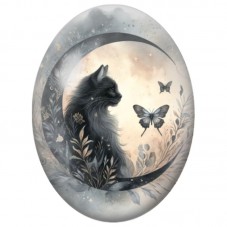 Cabochon en Verre Illustré Chat Noir dans un Croissant aux Papillons 13x18, 18x25 ou 30x40mm pour la Création de Bijoux Fantaisi