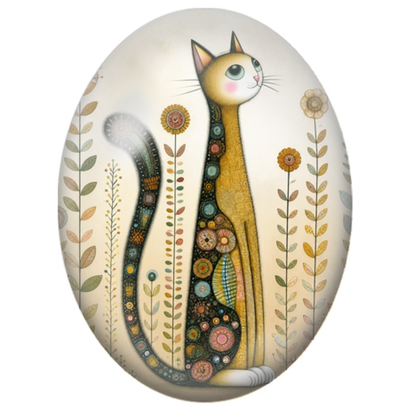 Cabochon en Verre Illustré Chat Folk parmi les Fleurs 13x18, 18x25 ou 30x40mm