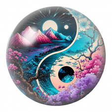 Cabochon en Verre Illustré Yin Yang Paysage de Montagnes et Fleurs 12 à 25mm pour la Création de Bijoux Fantaisie - DIY