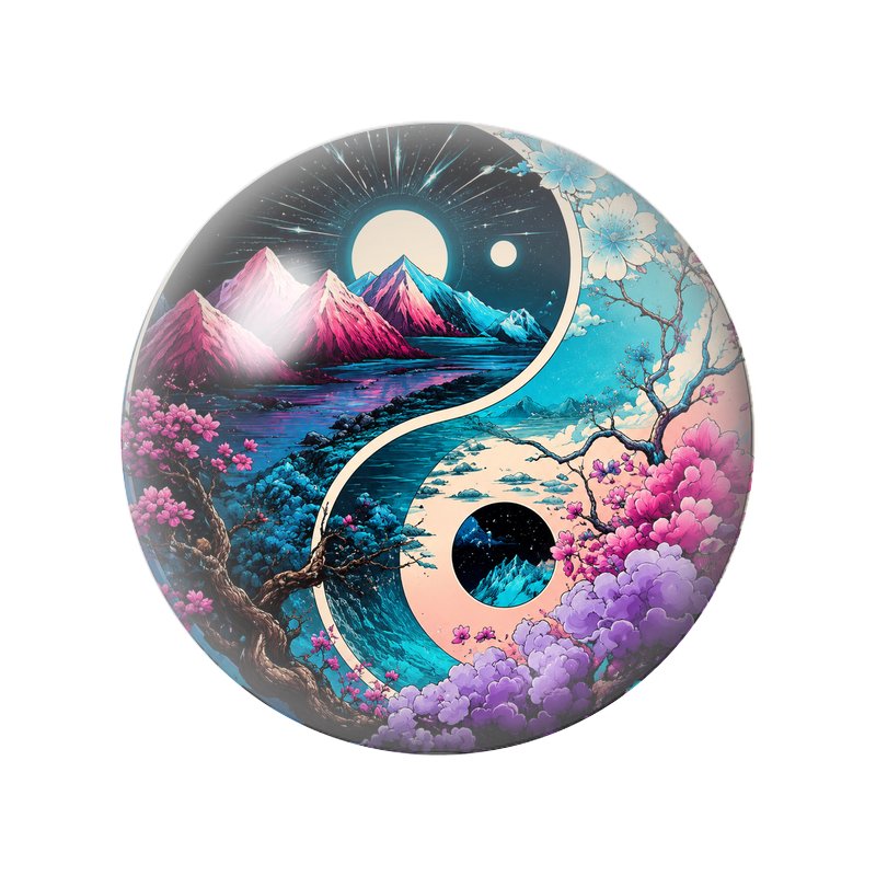 Cabochon en Verre Illustré Yin Yang Paysage de Montagnes et Fleurs 12 à 25mm