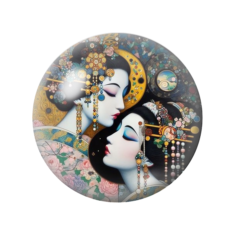Cabochon en Verre Illustré Yin Yang Deux Femmes Asiatiques aux Parures Fleuries 12 à 25mm