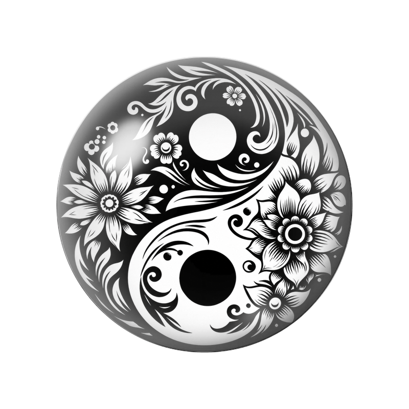 Cabochon en Verre Illustré Yin Yang Grandes Fleurs Noir et Blanc 12 à 25mm